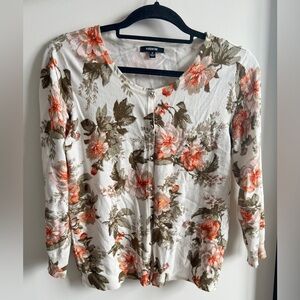 PREMISE Floral Women's Cardigan Floral White Orange Spring Lightweight Medium